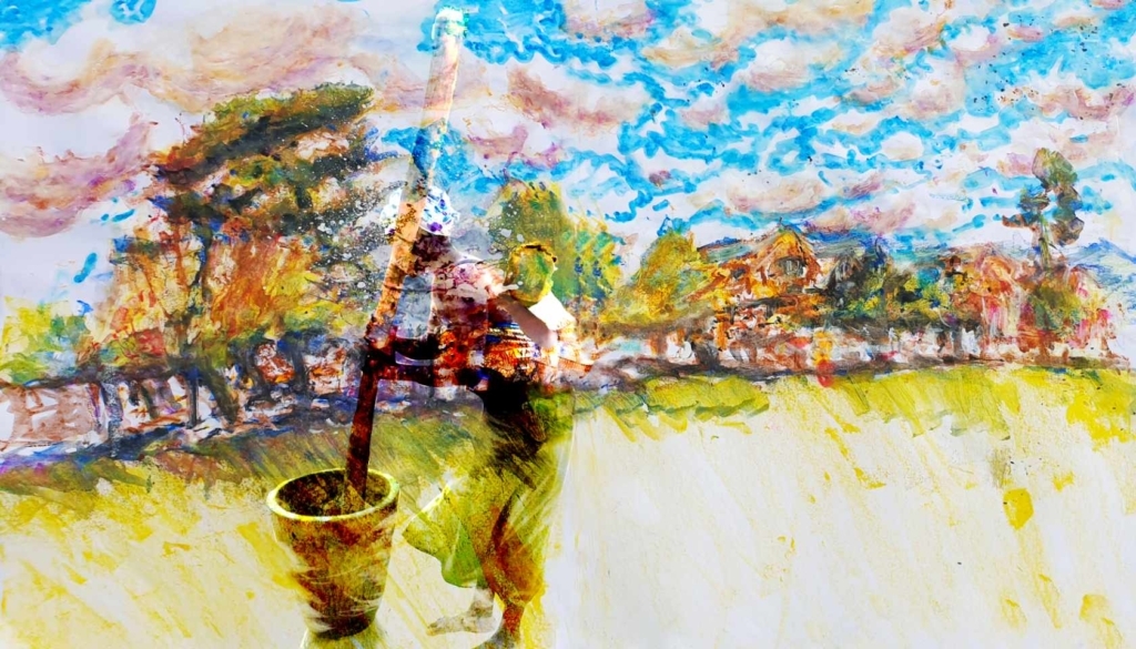 Painting of an African person in a field stirring a large pot